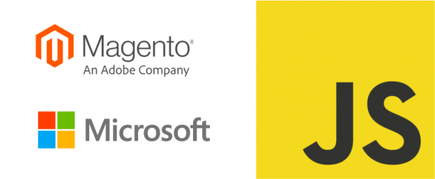 Pildil on kolme tarkvaraettevõte logod: Adobe Magento, Microsoft ja JavaScript